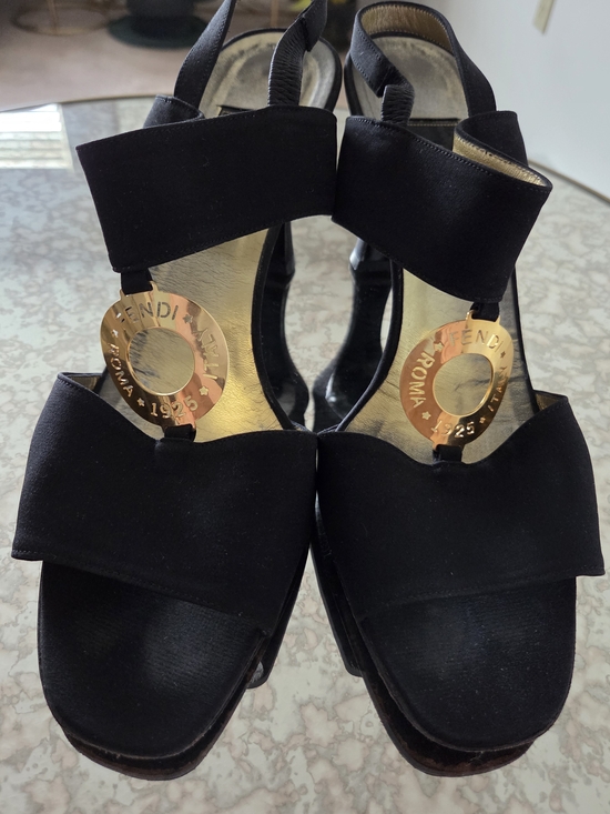 Fendi Shoes - Fendi Black Crepe Sandals with Gold Accent Size 10